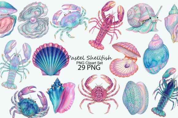 Download Pastel Shellfish PNG Clipart Set - Shellfish Collection